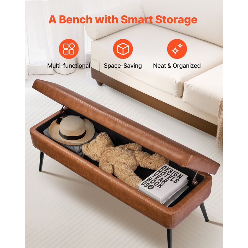 PU Leather Storage Ottoman Bench with Metal Legs, Upholstered Entryway Shoe Bench Seat-Brown image number 6