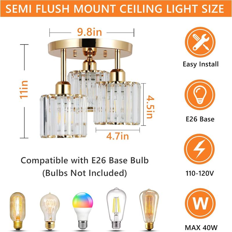 ELEMENT ACE Semi Flush Mount 3-Light Ceiling Light Fixture, Crystal Close to Ceiling Lighting with Open Design, Ideal for Low Ceilings, Kitchens, Hallways, Bedrooms, Bathrooms and Living Rooms image number 2