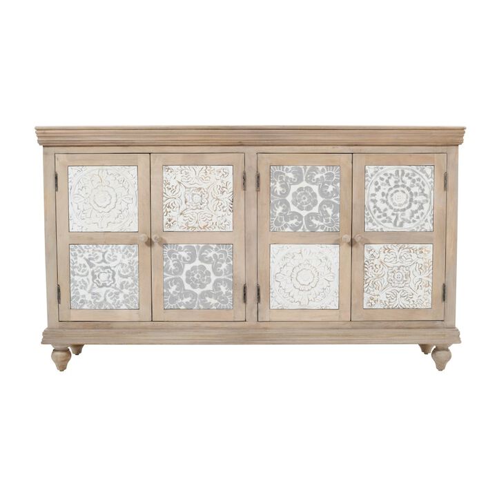 Jofran Adele 71 Hand Carved Solid Wood Rustic Four-Door Sideboard Cabinet