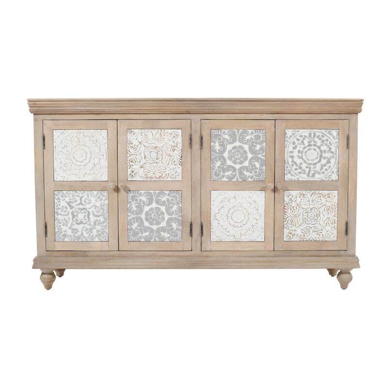 Jofran Adele 71 Hand Carved Solid Wood Rustic Four-Door Sideboard Cabinet