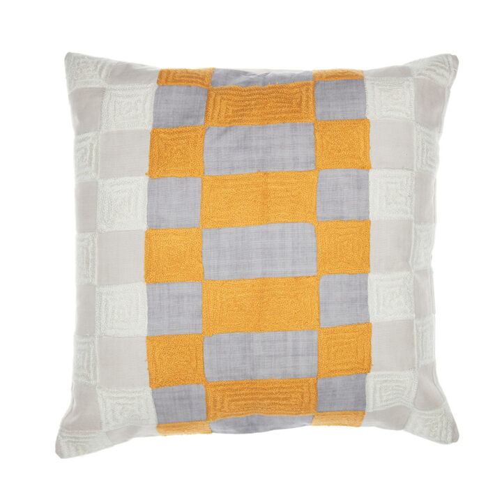 HomeRoots 20" Yellow and Gray Check Throw Pillow With Embroidery