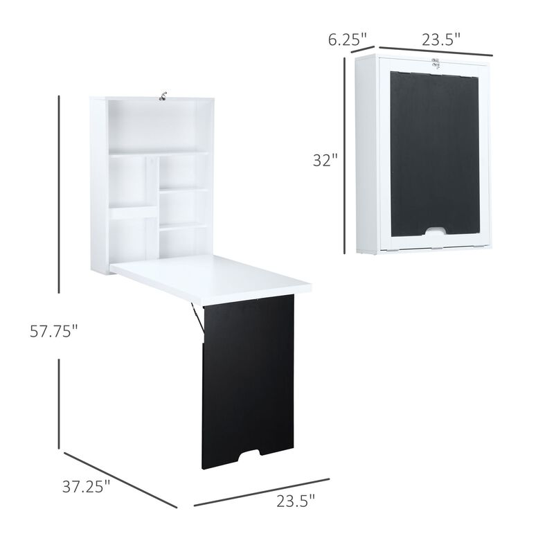 Wall Mounted Foldable Desk with a Blackboard, Fold Out Convertible Floating Desk with Shelves, White