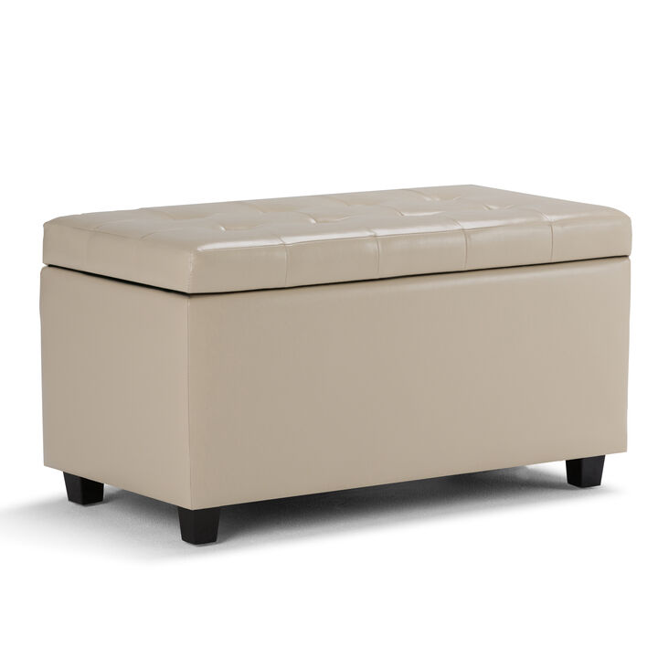 Cosmopolitan 34 inch Wide Transitional Rectangle Storage Ottoman in Satin Cream Vegan Faux Leather, Assembled