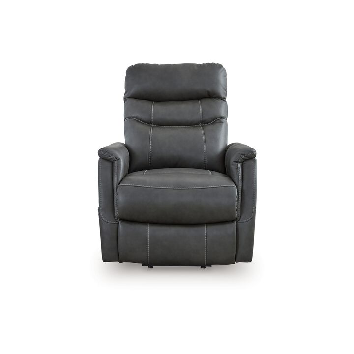 Barrett Power Lift Recliner Chair, Dark Gray Faux Leather, Pillow Back - Benzara