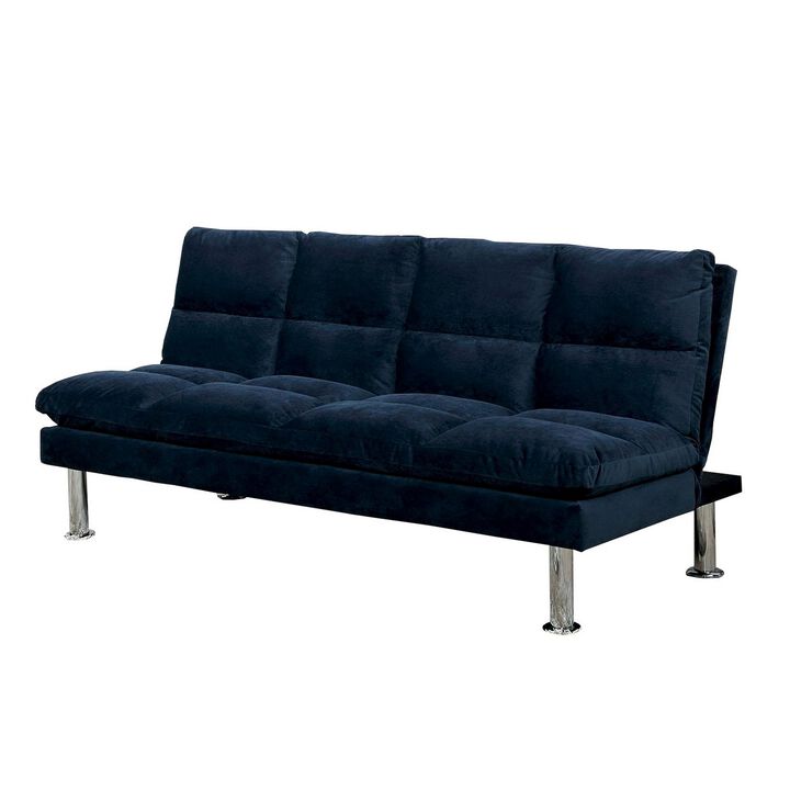 Futon Sofa with Tufted Padded Seating and Metal Legs, Blue-Benzara