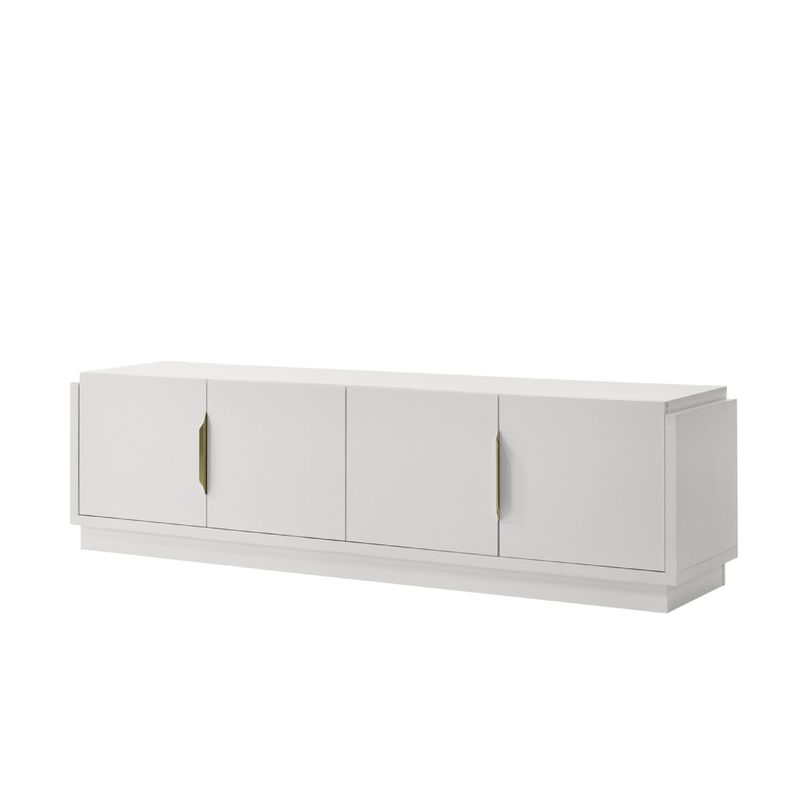 Penny TV Stand Media Cabinet, Adjustable Shelves, 4 Doors, White Wood - Benzara