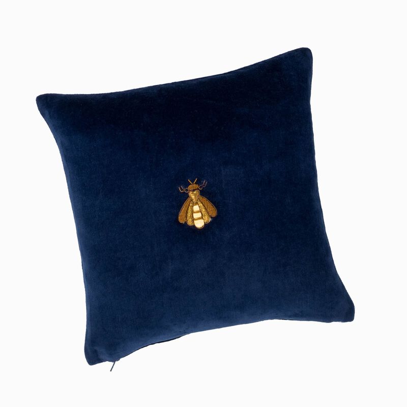 Navy Bee Silk Velvet Throw Pillow, 12" X 12"