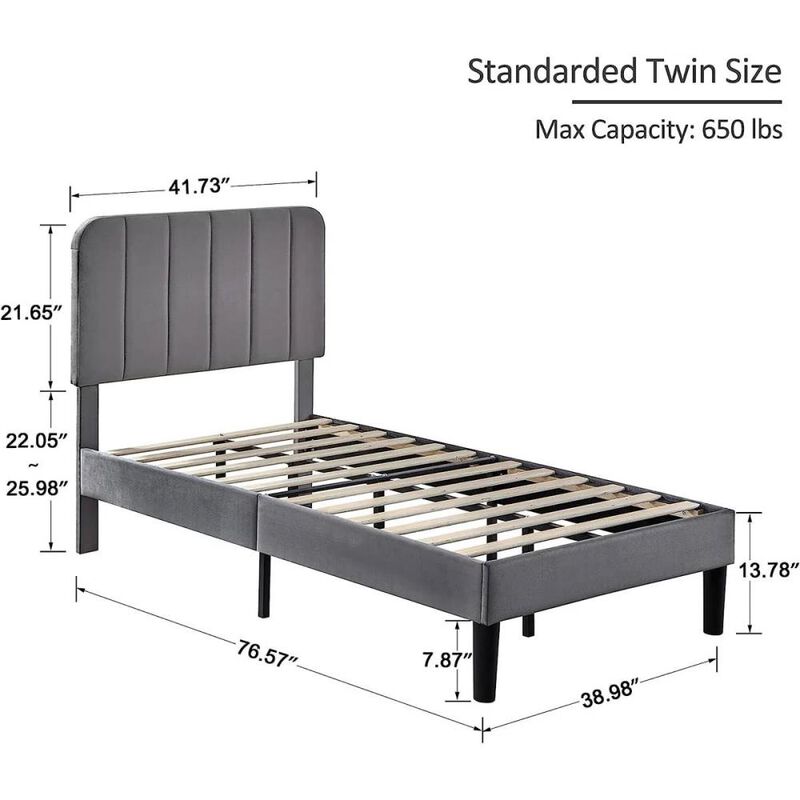 Hivvago Twin size Dark Grey Upholstered Platform Bed Frame with Headboard