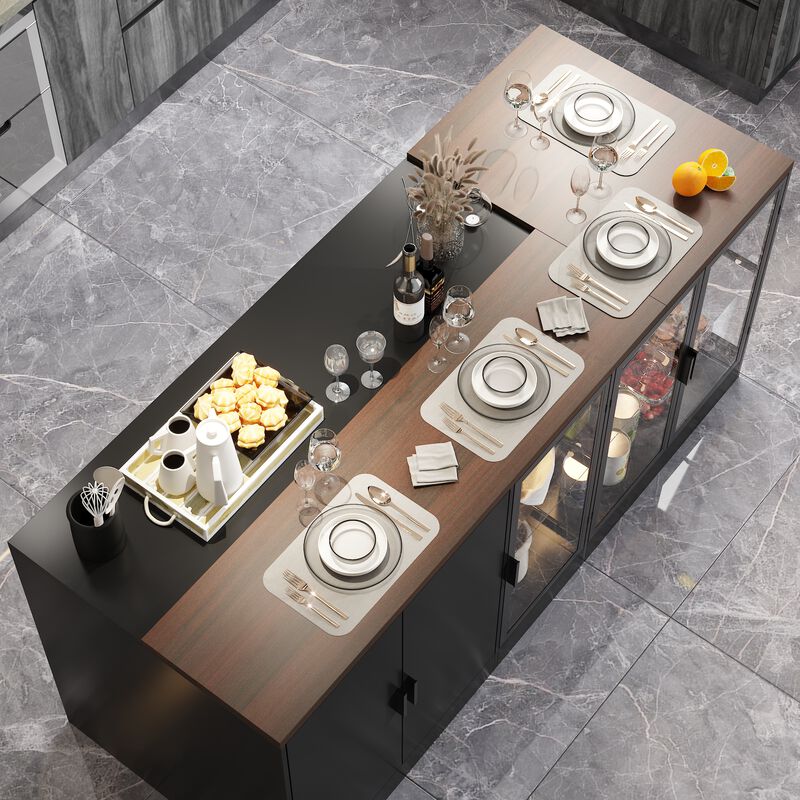 FUFU&GAGA Black Mdf Base with Mdf Top Kitchen Island (36.6-in x 77.6-in x 30.3-in),Black