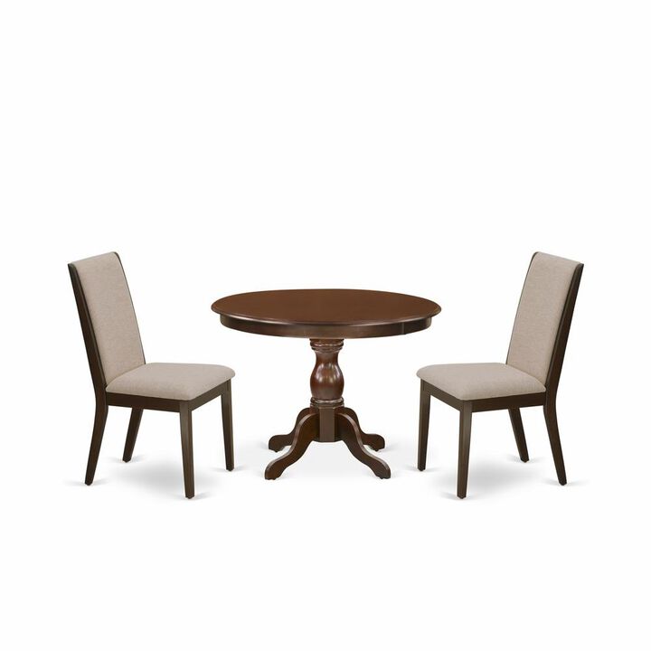 East West Furniture HBLA3-MAH-04 3 Piece Dining Room Table Set - Mahogany Breakfast Table and 2 Light Tan Linen Fabric Kitchen & Dining Room Chairs with High Back - Mahogany Finish