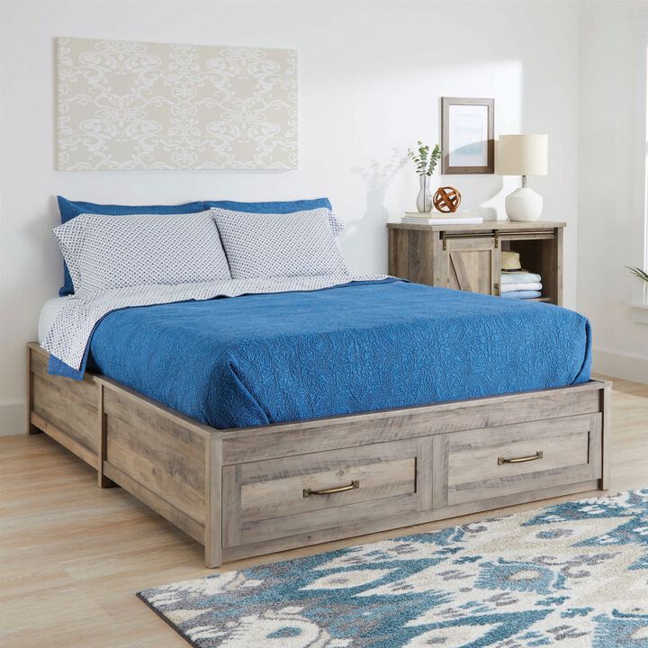 Rustic FarmHome Platform Bed Frame with Built-In Storage Drawers