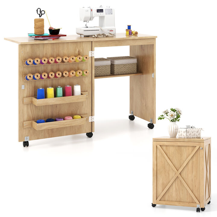 Folding Sewing Table with Storage Shelf and 5 Lockable Wheels for Craft Room Mobility