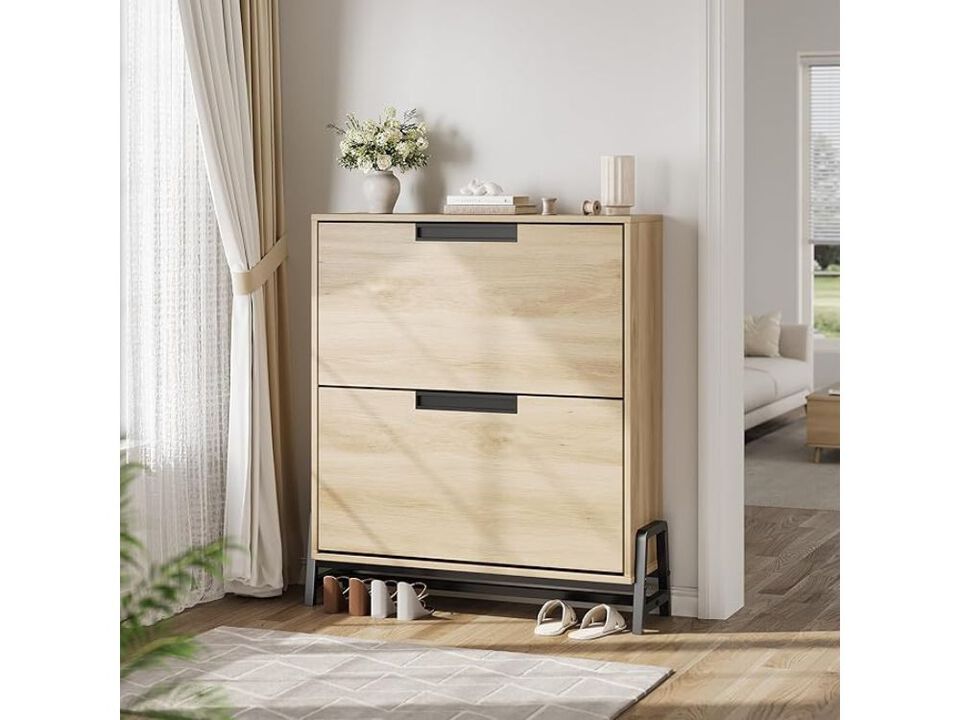 Slim Entryway Metal Shoe Storage Cabinet Flip Drawer Adjustable Space Saving Oak