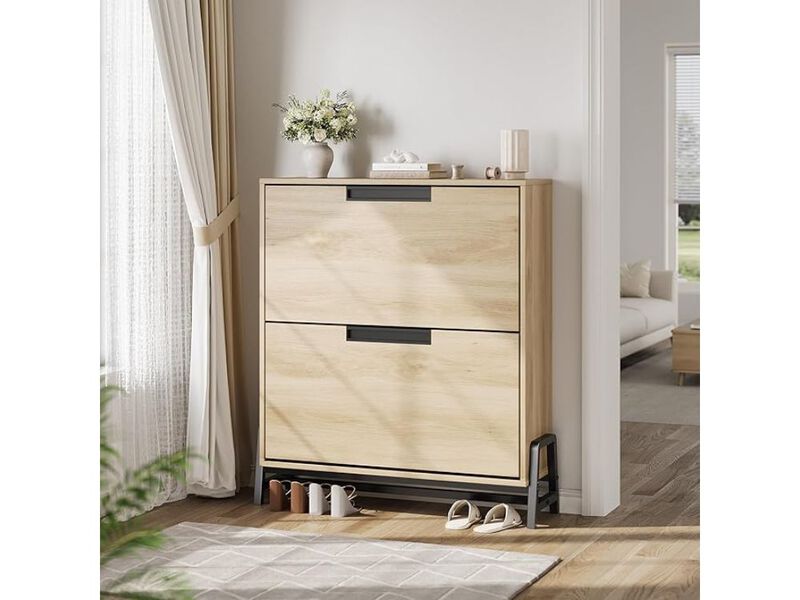 Slim Entryway Metal Shoe Storage Cabinet Flip Drawer Adjustable Space Saving Oak image number 1
