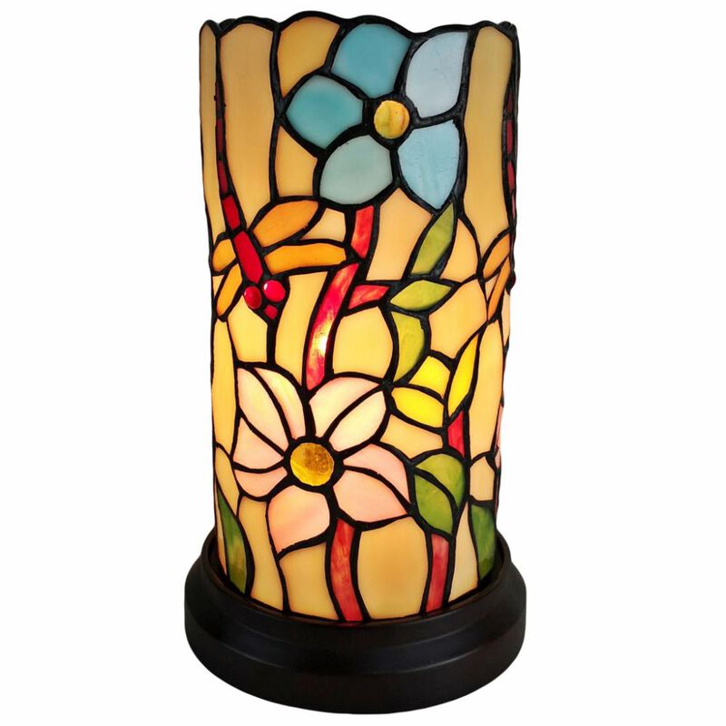 Hivvago 10" Red and Beige Dragonfly Stained Glass Accent Lamp