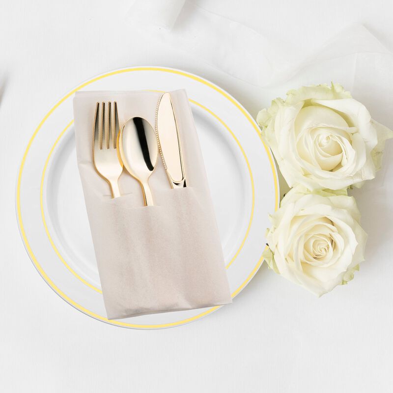 Gold Plastic Cutlery in White Pocket Napkin Set (70 Sets) image number 6