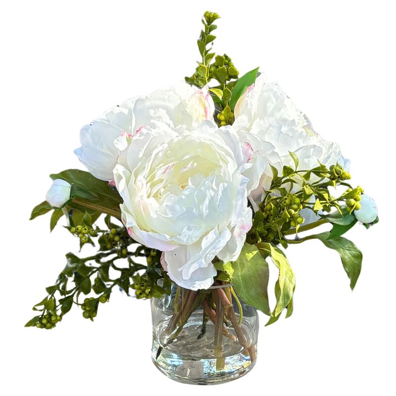 Faux peony arrangement in glass vase - 10"