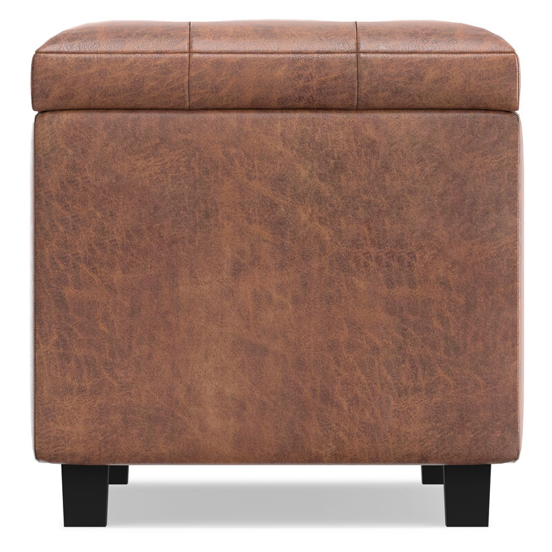 Cosmopolitan 34 inch Wide Transitional Rectangle Storage Ottoman in Distressed Saddle Brown Vegan Faux Leather, Assembled