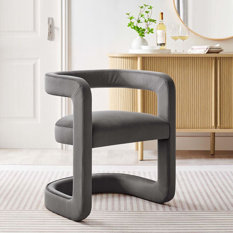Modway Winslow Stain-Resistant Performance Velvet Dining Chair in Storm Gray - Open Back Barrel Armchair - Upholstered Dining Chair - Cozy Reading Chair or Velvet Vanity Chair image number 1