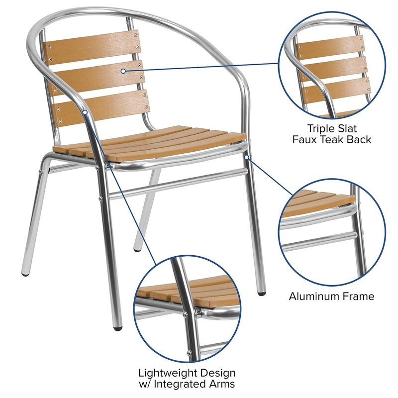 Flash Furniture Lila 4 Pack Commercial Aluminum Indoor-Outdoor Restaurant Stack Chair with Triple Slat Faux Teak Back