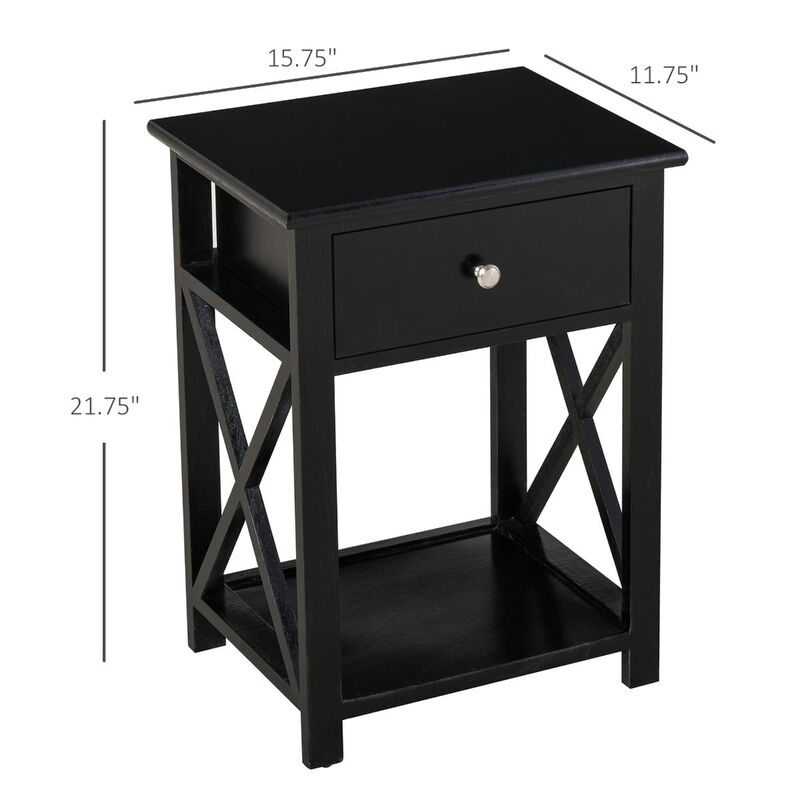 Elegant Bedside Storage: Black X-Frame Wood Nightstand with Drawer