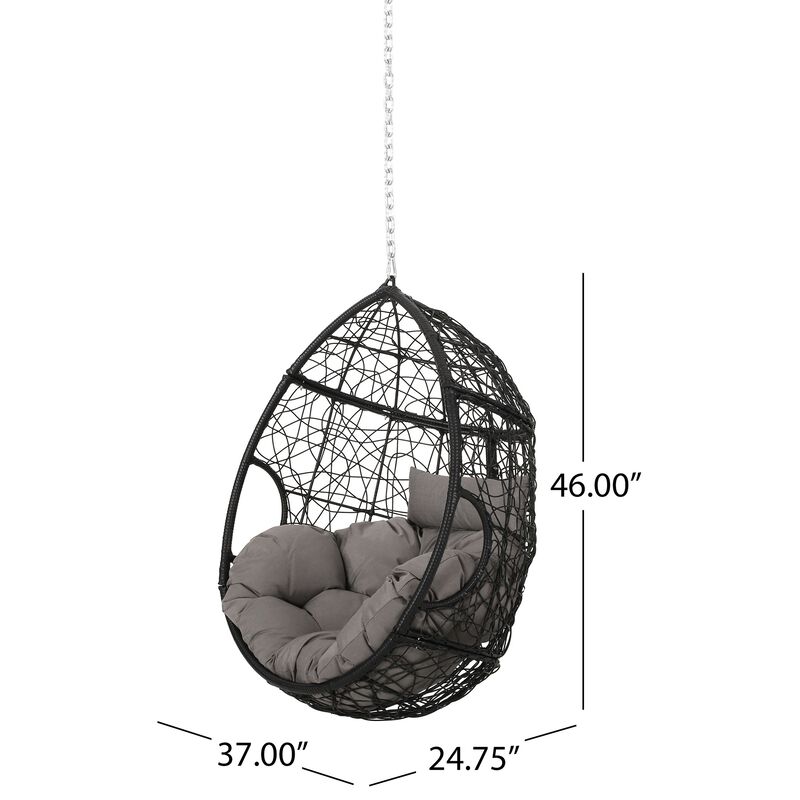 Castic Outdoor Hanging Chair, 46 Inch Rattan Frame, Black Iron, Gray - Benzara