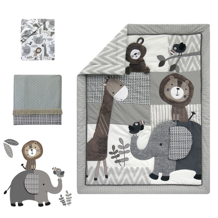 Lambs & Ivy Urban Jungle 4-Piece Crib Bedding Set - Gray, Brown, White, Jungle