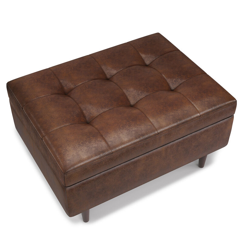Shay Mid Century Small Square Coffee Table Storage Ottoman in Distressed Chestnut Brown Faux Leather