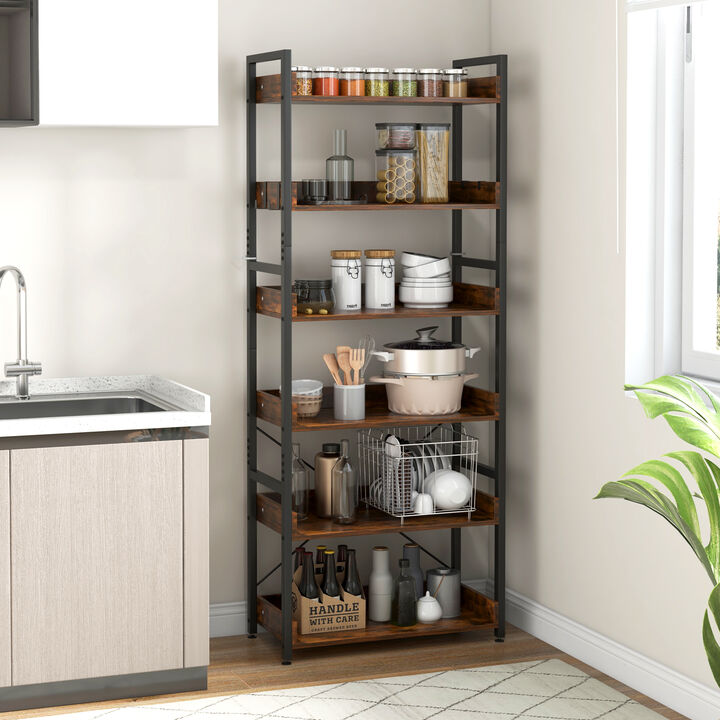 6-Tier Tall Industrial Bookcase with Open Shelves and 4 Hooks