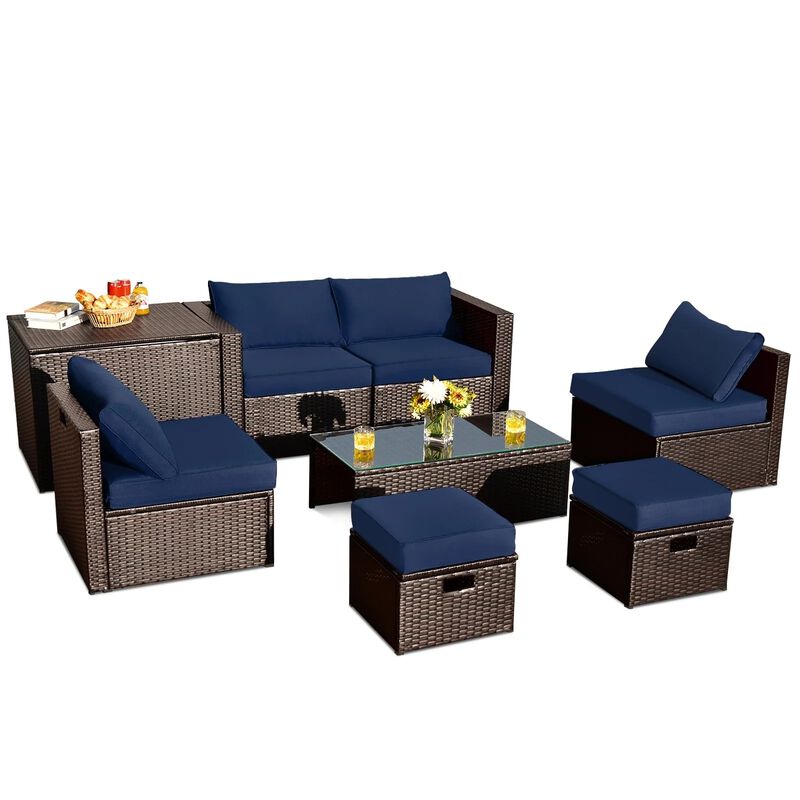 Mondawe 8 Pieces Patio Space-Saving Rattan Furniture Set with Storage Box and Waterproof Cover