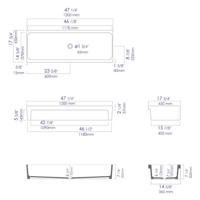 ALFI brand 48 Black Matte Above Mount Fireclay Bathroom Trough Sink