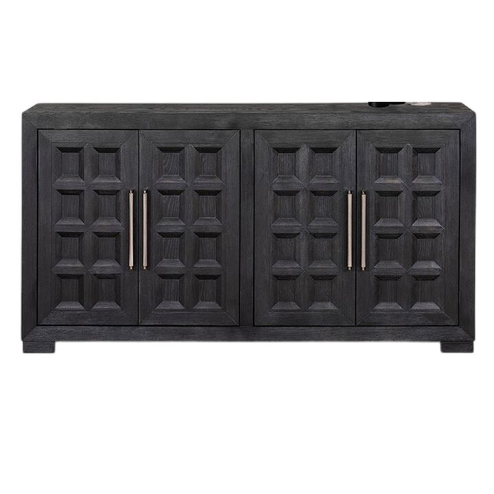 Kizie Sideboard Buffet Console 4 Doors and Shelves, Black Wood 66 Inch - Benzara