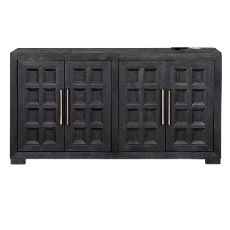 Kizie Sideboard Buffet Console 4 Doors and Shelves, Black Wood 66 Inch - Benzara