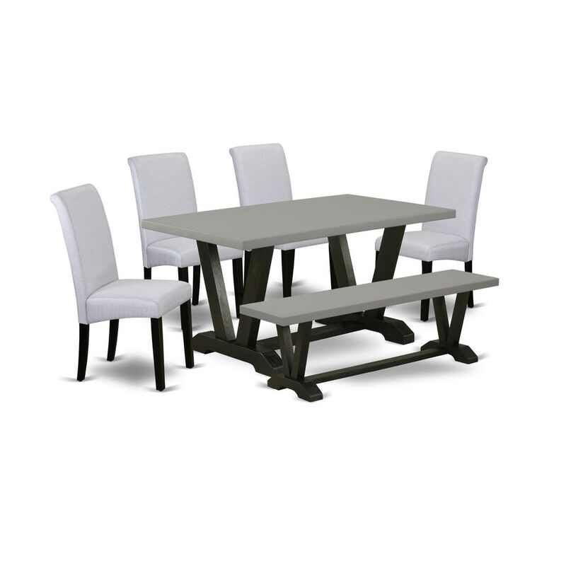 East West Furniture 6 Piece Dining Room Table Set Includes a Cement Dining Table and a Dining Room Bench, 4 Grey Linen Fabric Parsons Chairs with High Back - Wire Brushed Black Finish