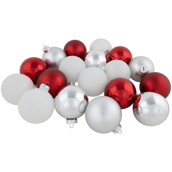 72ct Red  Silver and White Shiny and Matte Glass Ball Christmas Ornaments 3.25-4"
