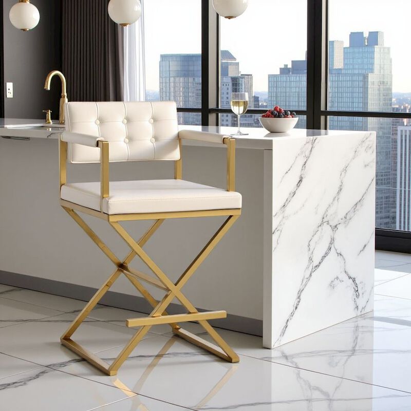 Starlight Canyon Home White Faux Leather Bar Stool With Gold Steel Frame And Back Support Arms image number 2
