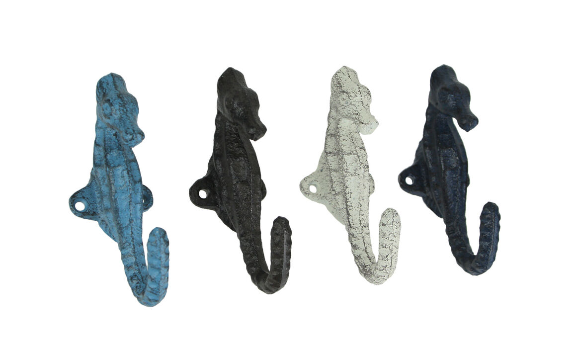 Set of 4 Coastal Cast Iron Seahorse Wall Hooks - Decorative Ocean Hooks for Towels, Bags, and More - Easy Installation - Vibrant Colors - 5 Inches High