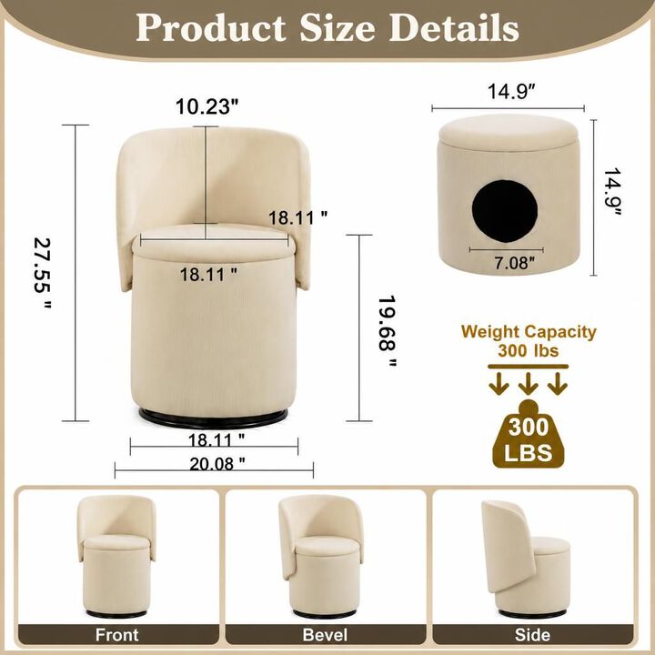 GOODSILO 360-Degree Swivel Upholstered Barrel Chair with Built-in Storage, Multi-Functional Stool for Bedroom Dining, Bonus Cat Bed