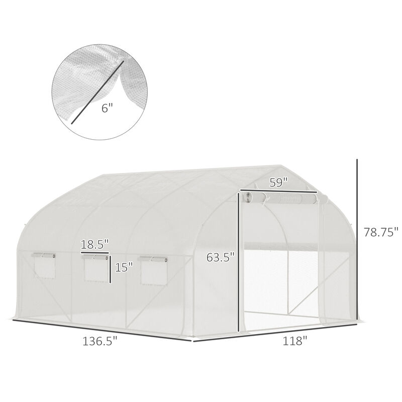 Outsunny 11.5' x 10' x 6.5' Walk-in Tunnel Greenhouse with Zippered Mesh Door, 7 Mesh Windows & Roll-up Sidewalls, Upgraded Gardening Plant Hot House with Galvanized Steel Hoops, White