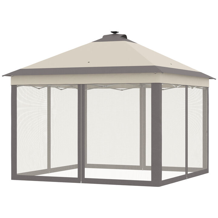 Outsunny 11' x 11' Pop Up Canopy, Instant Canopy Tent with Solar LED Lights, Remote Control, Zippered Mesh Sidewalls and Carrying Bag for Backyard Garden Patio, Beige