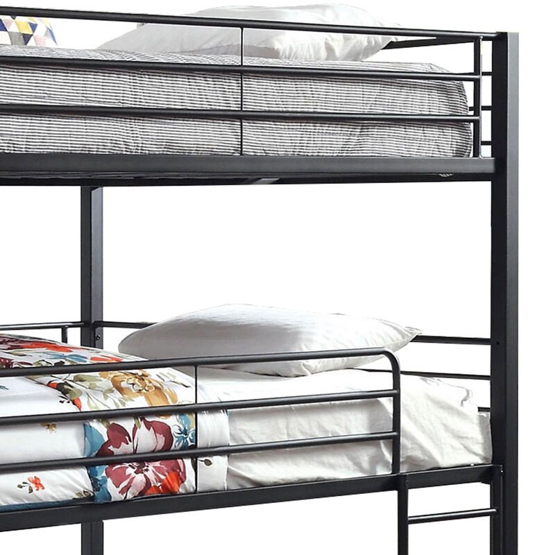 Industrial Style Queen Triple Decker Bunk Bed with Ladder, Black-Benzara