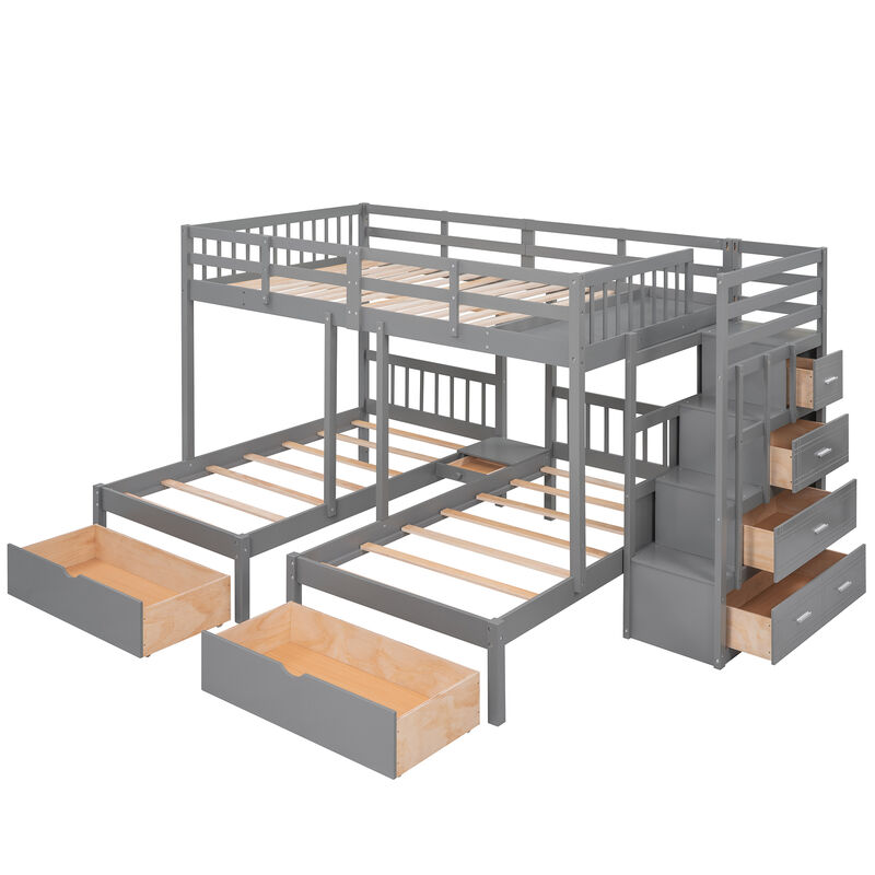 Whisen Full Over Twin & Twin Bunk Bed, Wood Triple Bunk Bed with Drawers and Guardrails- White