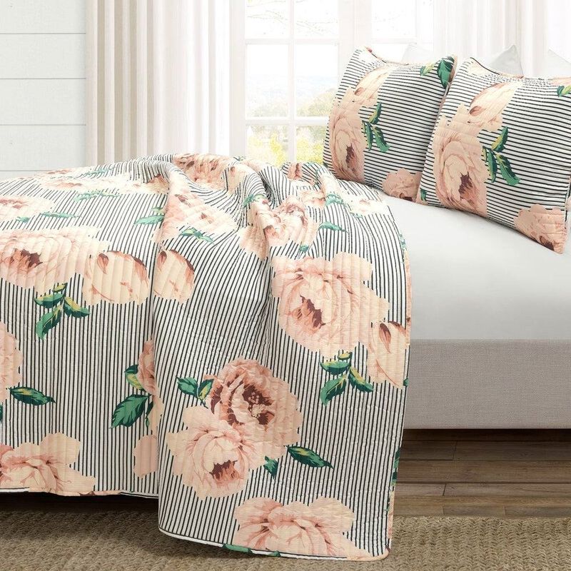 Hivvago Full/Queen Size Polyester Black White Striped Rose Floral 3 Piece Quilt Set