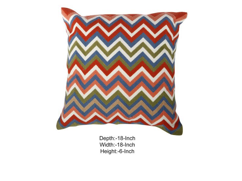 18 X 18 Inch Cotton Pillow with Chevron Embroidery, Multicolor- Benzara