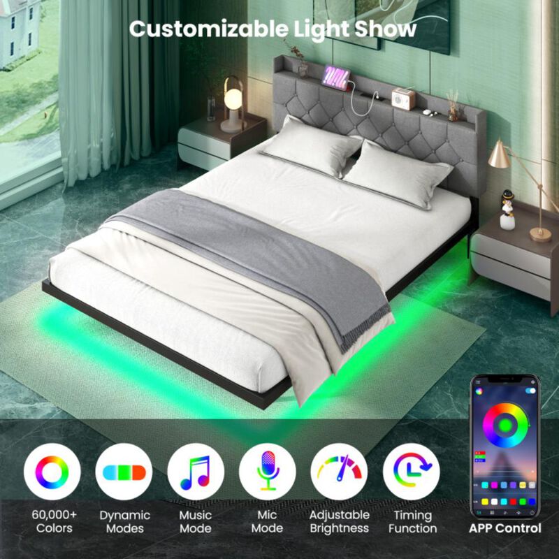 Hivvago Floating Bed Frame with LED and Headboard and Charging Station-Queen