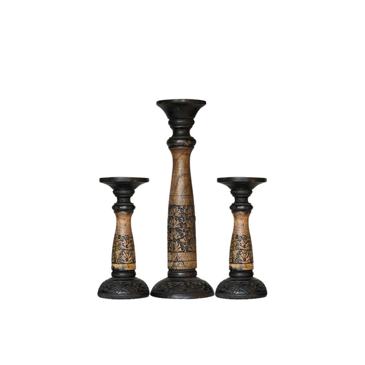 Traditional Black Wash Eco-friendly Handmade Mango Wood Set Of Three 9",15" & 9" Pillar Candle Holder