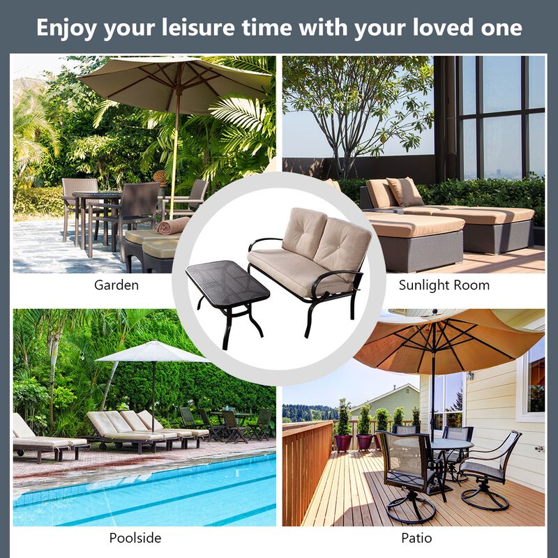 2 Pieces Patio Outdoor Cushioned Coffee Table Seat