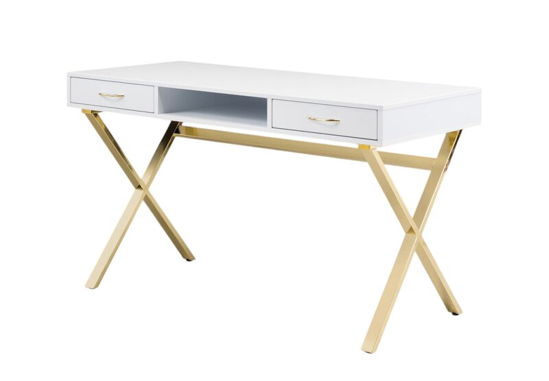 HomeRoots 47" White and Gold Wood and Metal Computer Desk With Two Drawers image number 0