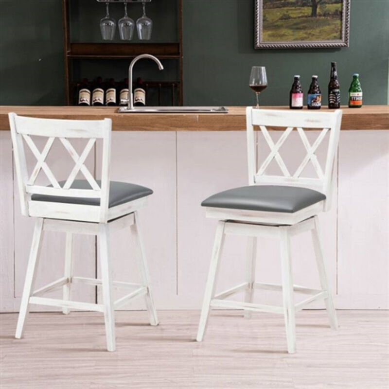 Set of 2 Farmhouse Counter Height Swivel Barstools – Wood Frame with Cushioned Seat