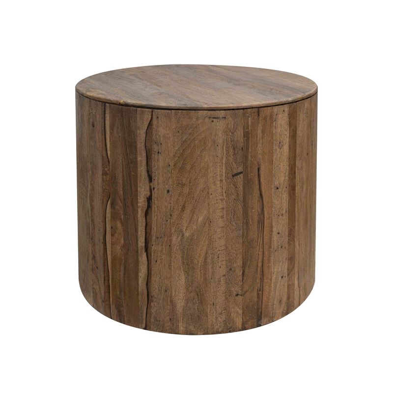 Eray Side End Table, 26 Inch Round Drum Top, Brown Solid Mango Wood image number 3
